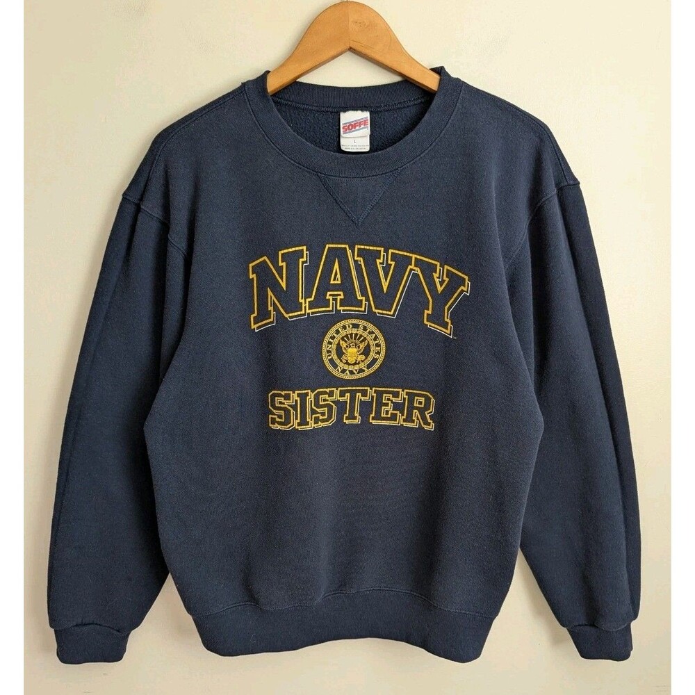 Vintage 90s US Navy Sister Sweatshirt Cotton Blend Crew Neck L Blue Pullover USN